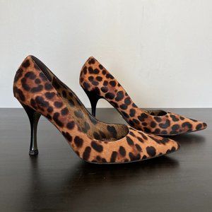 Dolce & Gabbana Leopard Calf Leather Pony Hair Pointed Toe Heels Pumps Size 37.5